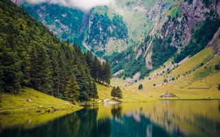 Картинка природа, горы, озеро, лес, пейзаж, дом, отражение