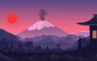 Картинка вулкан, солнце, гора, рисованные, арт