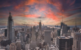 Картинка Нью Йорк, Нью-Йорк, город, здание, небоскреб, США, города, здания, дома, вечер, сумерки, закат, заход