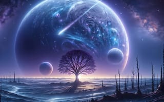 Картинка космос, планеты, дерево, галактика, фантазия, пейзаж, небо, звезды, свет, мир