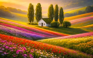 Картинка пейзаж, цветы, дом, природа, весна, поля, солнце