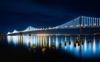 Картинка висячий мост из Сан-Франциско в Окленд, Сан-Франциско, огни, ночь, Bay Bridge, Калифорния
