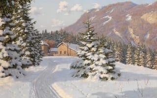 Картинка картина, дом, лес, пейзаж, зима, снег, дорога, Борис Бессонов, елки, горы