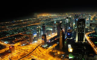 Обои дороги, ночь, город, панорама, дома, небоскребы, здания, Дубай, огни, высотки