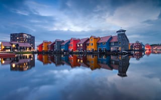 Картинка Гронинген, Нидерланды, вода, вечер, отражение, дома, огни