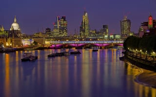 Картинка Лондон, Темза, Англия, вечер, огни, сумерки, мост Ватерлоо