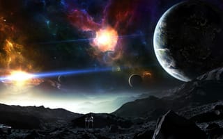 Картинка hellsescapeartist, космос, планеты, художник, автомобиль, туманность, горы