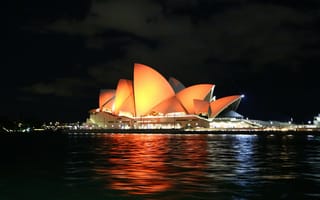 Картинка Сиднейский оперный театр, Сиднейский театр, театр, Сидней, Австралия, архитектура, отражение, ночь, темнота, темный, огни, подсветка