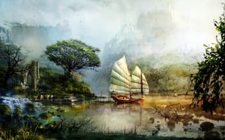 Картинка арт, озеро, горы, парусник, вода, Guild Wars, пейзаж, руины, корабль