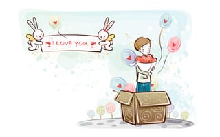 Картинка мальчик, сердце, рисунок, зайцы, шарики, love, букет, коробка