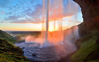 Картинка Сельяландсфосс, водопад, скала, утес, Исландия, природа, вечер, закат, заход