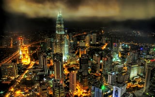 Картинка Куала-Лумпур, Малайзия, город, города, здания, мегаполис, современный, ночной город, ночь, огни, подсветка, вечер, сумерки, закат, заход