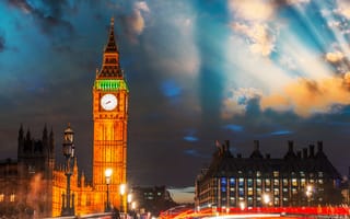 Картинка Лондон, Великобритания, Англия, город, города, здания, Биг-Бен, Биг Бен, башня, часы, часовая башня, достопримечательность, архитектура, ночь, темнота, вечер, закат, заход