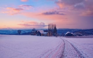Картинка зима, рассвет, деревня, снег