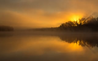 Картинка озеро, лес, зарево, солнце, туман