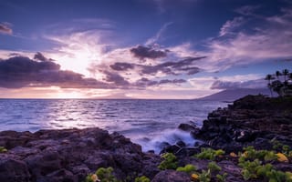 Картинка камни, океан, тучи, Гаваи, берег, рассвет, небо