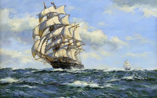 Картинка Henry Scott, пейзаж, простор, волны, ветер, корабль, море, парус, The Clipper Leander in Full Sail