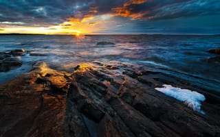 Картинка закат, море, скалы, солнце, облака, вода, пейзаж, камни, Финляндия