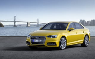 Картинка Audi, Ауди, машины, машина, тачки, авто, автомобиль, транспорт, седан, мост, река, желтый