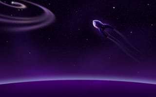 Картинка планета, космос, галактика, космический корабль, космический, ракета, фиолетовый