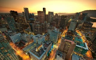 Картинка Ванкувер, Канада, город, города, здания, мегаполис, современный, ночной город, ночь, огни, подсветка, вечер, закат, заход