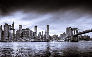 Картинка Нью Йорк, Нью-Йорк, город, здание, небоскреб, США, города, здания, мегаполис, вечер, сумерки, черно-белый, черный, монохром, монохромный