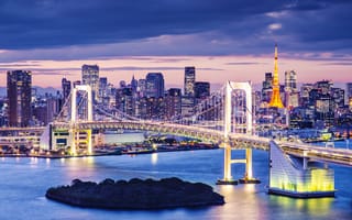 Картинка Токио, Япония, город, города, здания, мост, небоскреб, высокий, здание, мегаполис, современный, ночной город, ночь, огни, подсветка
