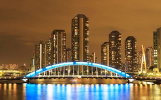 Картинка Токио, Япония, город, города, здания, небоскреб, высокий, здание, мост, ночной город, ночь, огни, подсветка, отражение