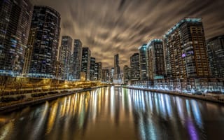 Картинка illinois, река, отражение, ночь, chicago
