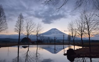 Картинка Yoko Okamoto, озеро, деревья, вулкан, рассвет
