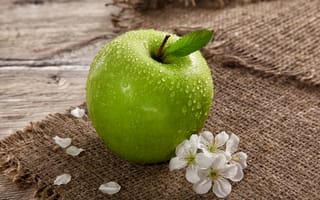 Картинка фрукт, цветы, зеленое яблоко, лепестки, капельки