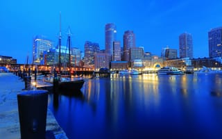 Картинка гавань, здания, ночной город, причал, Бостон, яхты, Boston, набережная