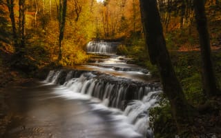 Картинка листья, водопад, осень, деревья, осенние краски, поток