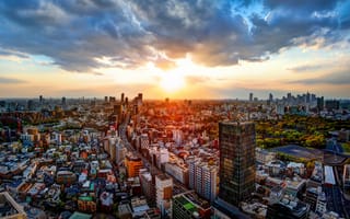 Картинка Токио, Япония, город, города, здания, мегаполис, современный, вечер, закат, заход, облачно, облачный, облака