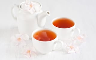 Картинка tea, cups, цветы, чашечки, чайник, kettle, чай, flowers