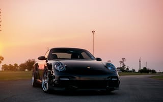 Картинка Porsche, 911, солнце, black, front, порше, 997, блик, Turbo, чёрный