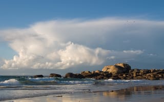 Картинка облака, небо, море, волны, пляж, камни