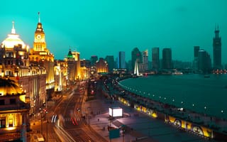 Картинка Шанхай, Китай, город, города, здания, ночной город, ночь, огни, подсветка