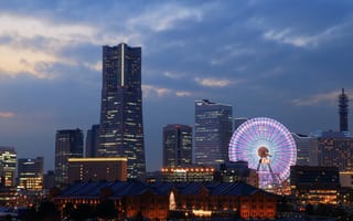 Картинка облака, дома, вечер, Yokohama, небо, колесо обозрения, Йокогама, подсветка, Япония, освещение, Japan, огни, мегаполис, тучи, здания