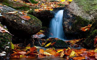 Картинка водопад, природа, осень, осенние, время года, сезоны, сезонные, скала, лист, листья, листва