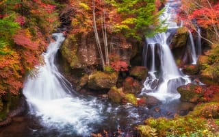 Картинка водопад, природа, осень, осенние, время года, сезоны, сезонные, лес, деревья, дерево, река