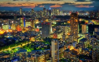 Картинка Токио, Япония, город, города, здания, небоскреб, высокий, здание, мегаполис, современный, вечер, сумерки, закат, заход, ночной город, ночь, огни, подсветка