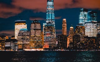 Картинка Нью Йорк, Нью-Йорк, город, здание, небоскреб, США, города, здания, высокий, мегаполис, современный, ночной город, ночь, огни, подсветка