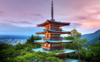 Картинка Япония, Азия, город, города, здания, гора, вечер, закат, заход
