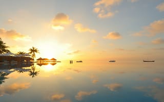 Картинка Мальдивы, лето, летние, море, океан, вода, тропики, тропический, пальма, дерево, отпуск, релакс, вечер, закат, заход, облака, туча, облако, тучи, небо, отражение