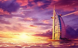 Картинка Дубай, ОАЭ, Объединенные Арабские Эмираты, город, города, здания, вечер, закат, заход, море, океан, вода
