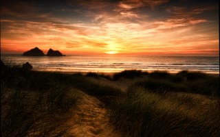 Картинка Корнуолл, Англия, закат, дюны, пляж, облака, песок
