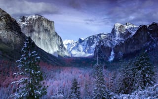 Картинка Йосемитский Национальный Парк, Йосемитский, национальный парк, США, Калифорния, горы, гора, природа, лес, деревья, дерево, зима, снег, вечер, сумерки