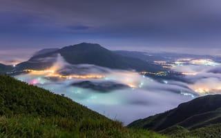 Картинка Тайвань, Тайбэй, туман, огни, город, горы