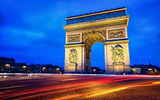Обои Paris, Триумфальная арка, выдержка, Франция, огни, Arc de Triomphe, вечер, свет, дорога, France, Париж, город